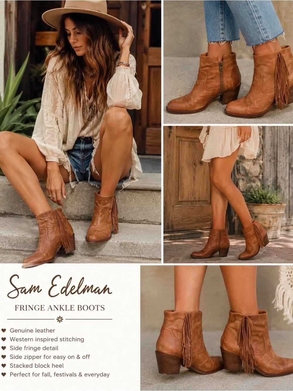 Sam Edelman Women’s 9.5 Western Fringe Leather Ankle Boots. Boho cowgirl